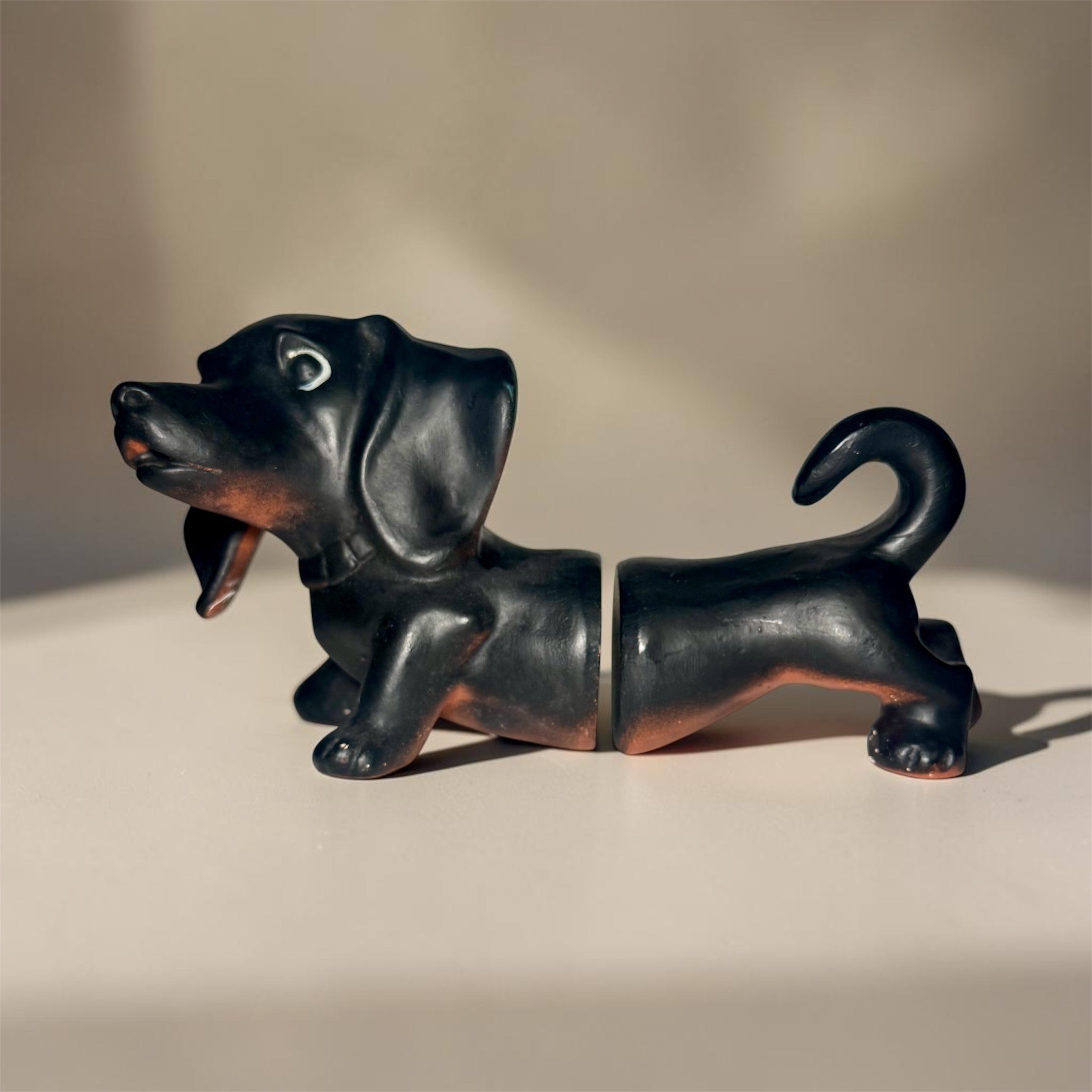 Vintage Dachshund Dog Bookends Black Folk Art Ceramic Wiener Dog Shelf Decor