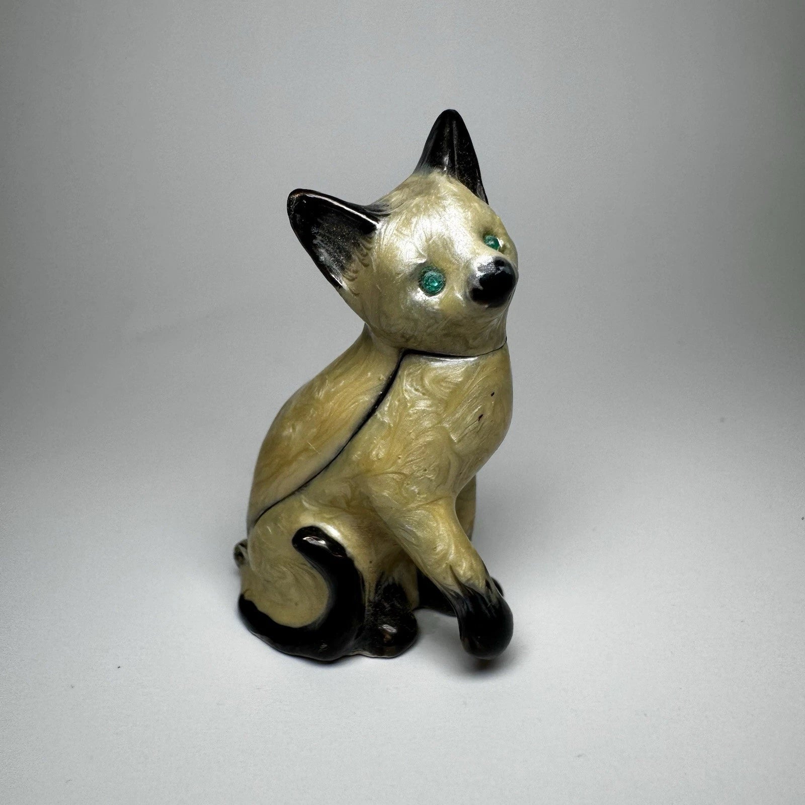 Vintage Small Siamese Cat with Green Eyes Hinged Trinket Box