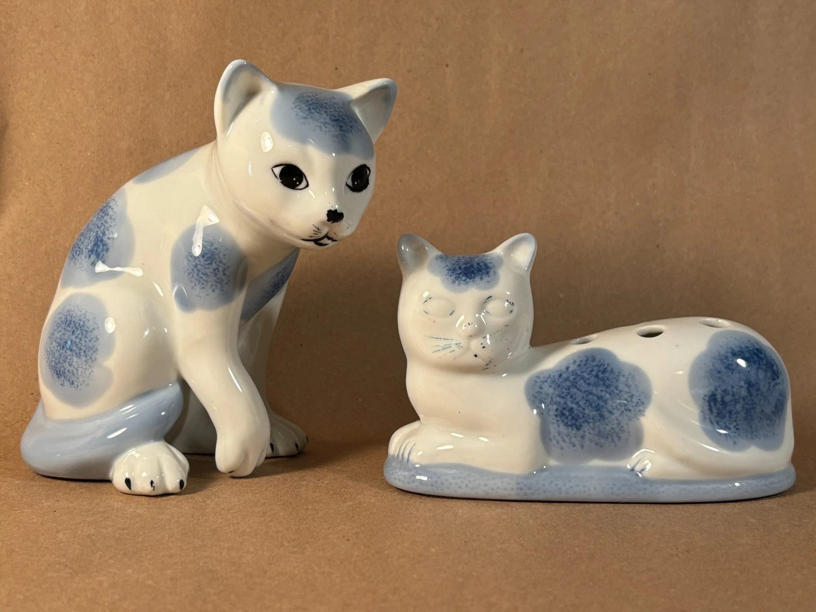 Vintage Blue White Spongeware Ceramic Cat Figurine Flower Frog Set 2 Cottagecore