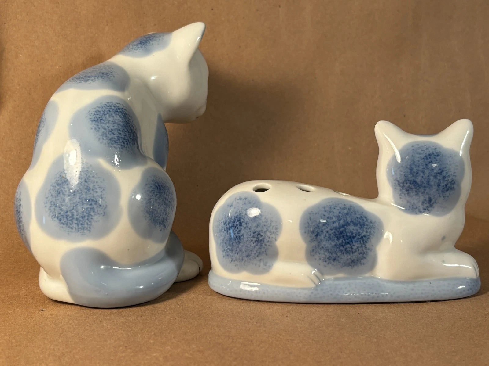 Vintage Blue White Spongeware Ceramic Cat Figurine Flower Frog Set 2 Cottagecore