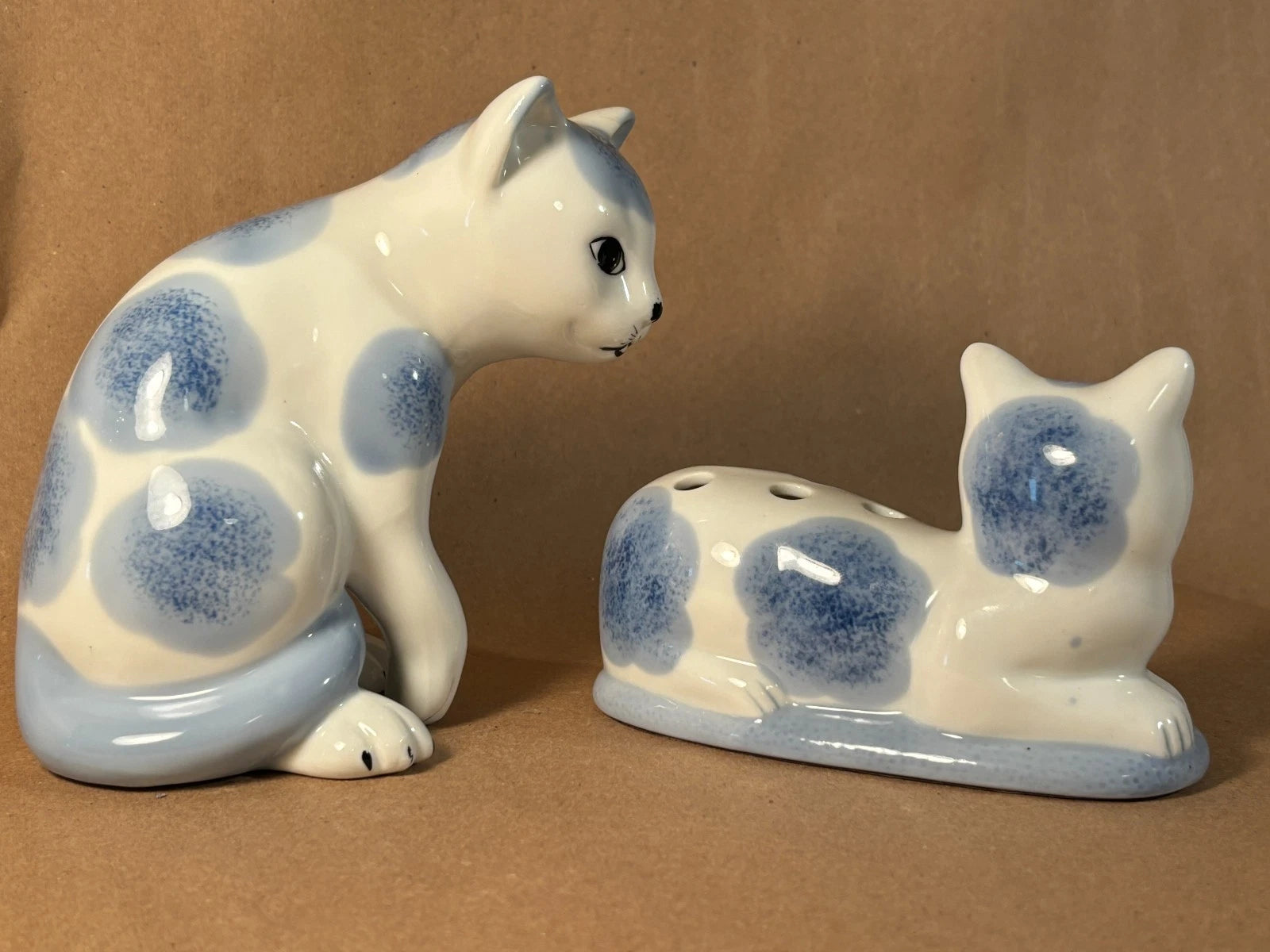 Vintage Blue White Spongeware Ceramic Cat Figurine Flower Frog Set 2 Cottagecore