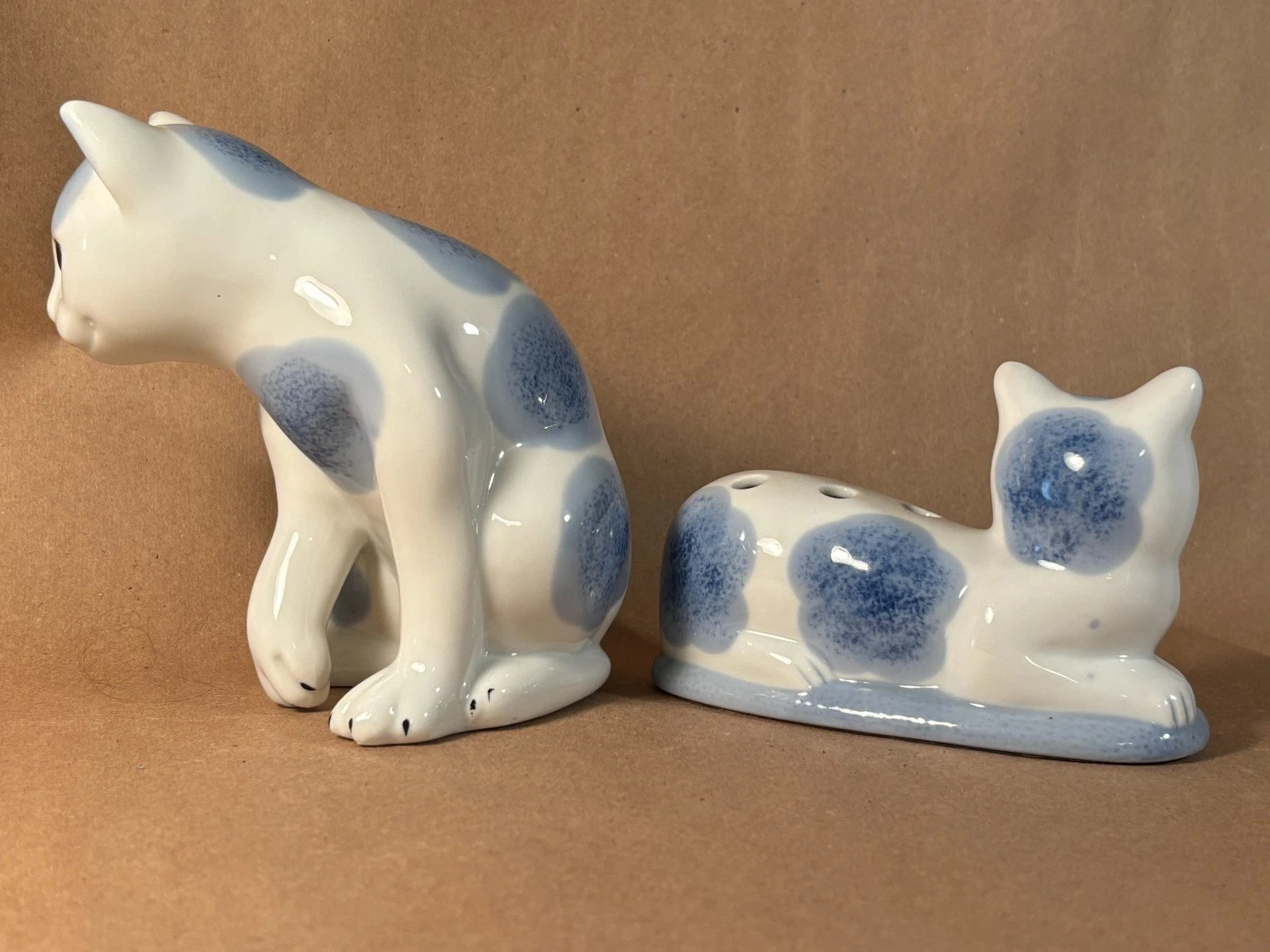 Vintage Blue White Spongeware Ceramic Cat Figurine Flower Frog Set 2 Cottagecore