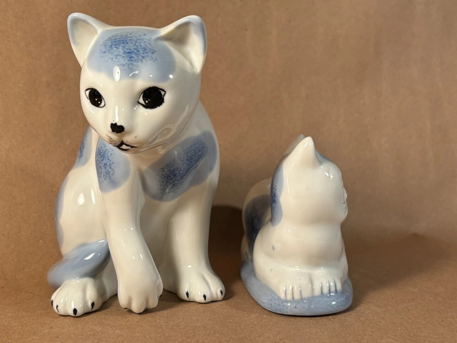 Vintage Blue White Spongeware Ceramic Cat Figurine Flower Frog Set 2 Cottagecore